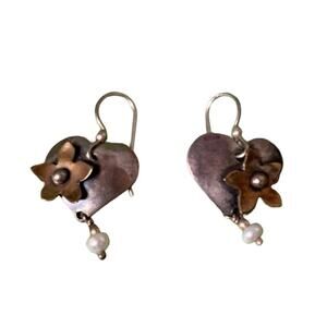 Gardella Sterling Brass Heart Flower Pearl Earrings Artisan